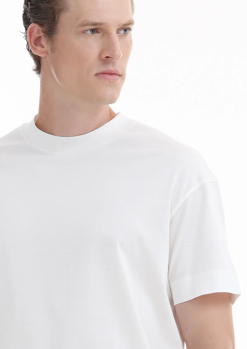 Ekru Düz Bisiklet Yaka %100 Pamuk T-Shirt - 4