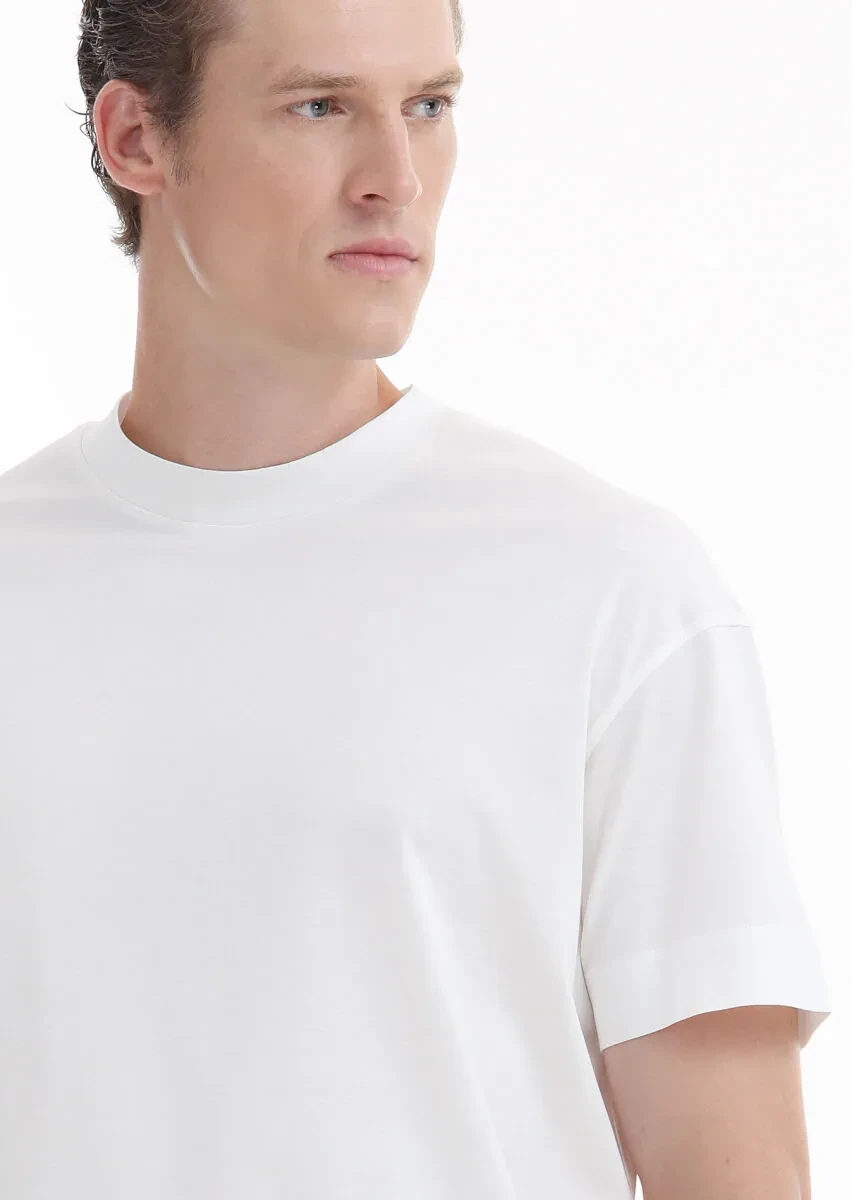 Ekru Düz Bisiklet Yaka %100 Pamuk T-Shirt - 4