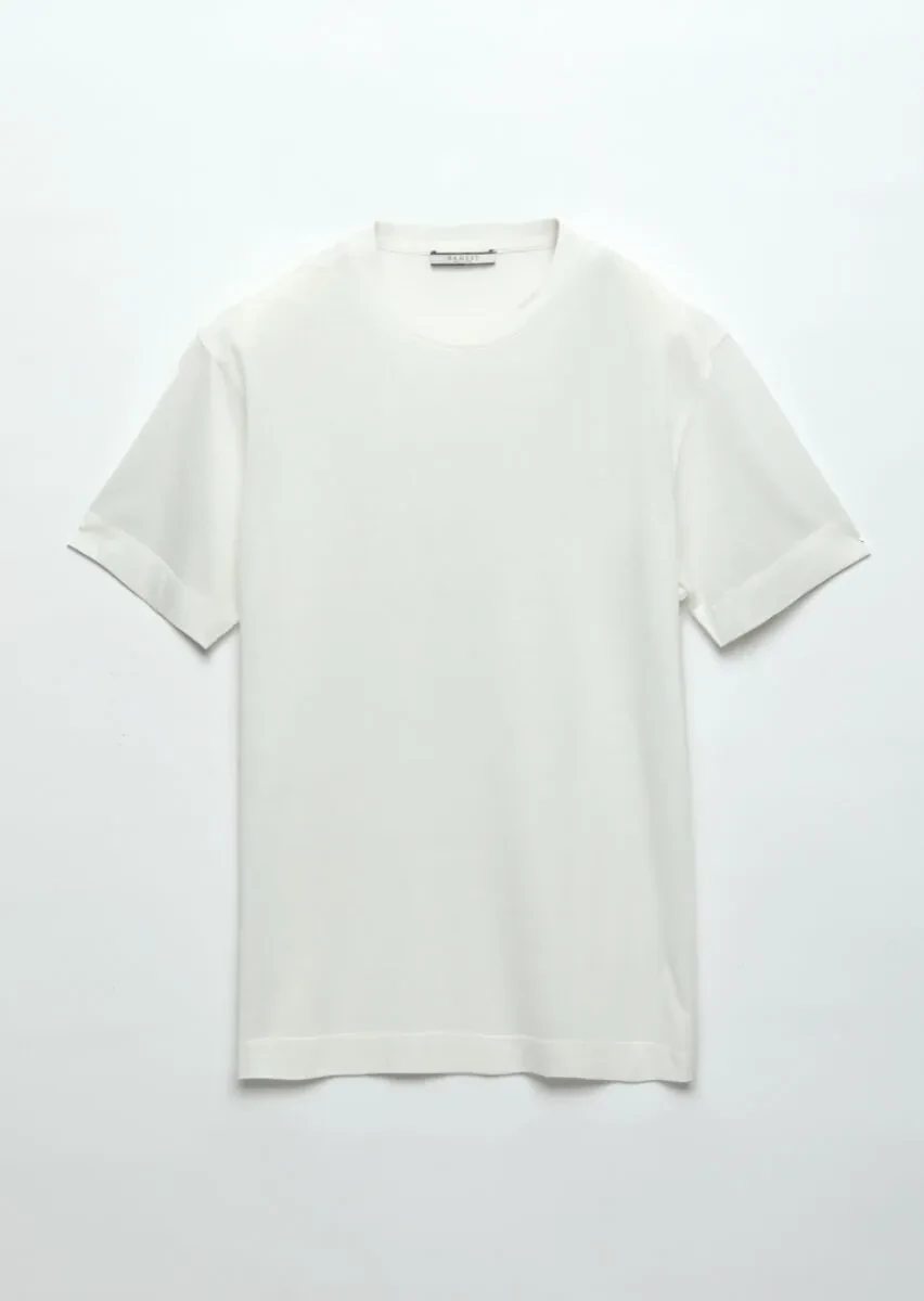 Ekru Düz Bisiklet Yaka İpek Karışımlı T-Shirt - 6