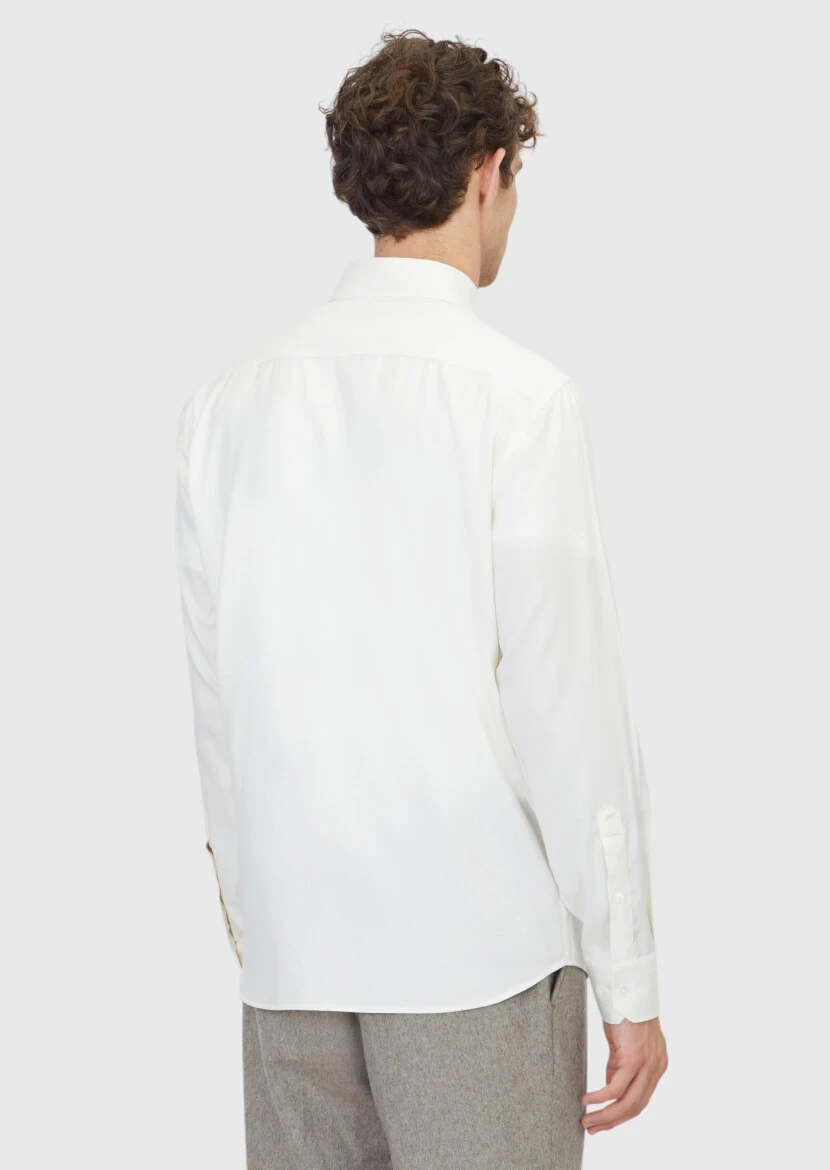 Ekru Düz Casual Fit Dokuma Casual İpek Karışımlı Gömlek - 5