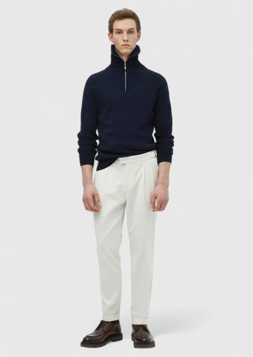 Ekru Düz Dokuma Carrot Fit Casual Pamuk Karışımlı Pantolon - RAMSEY