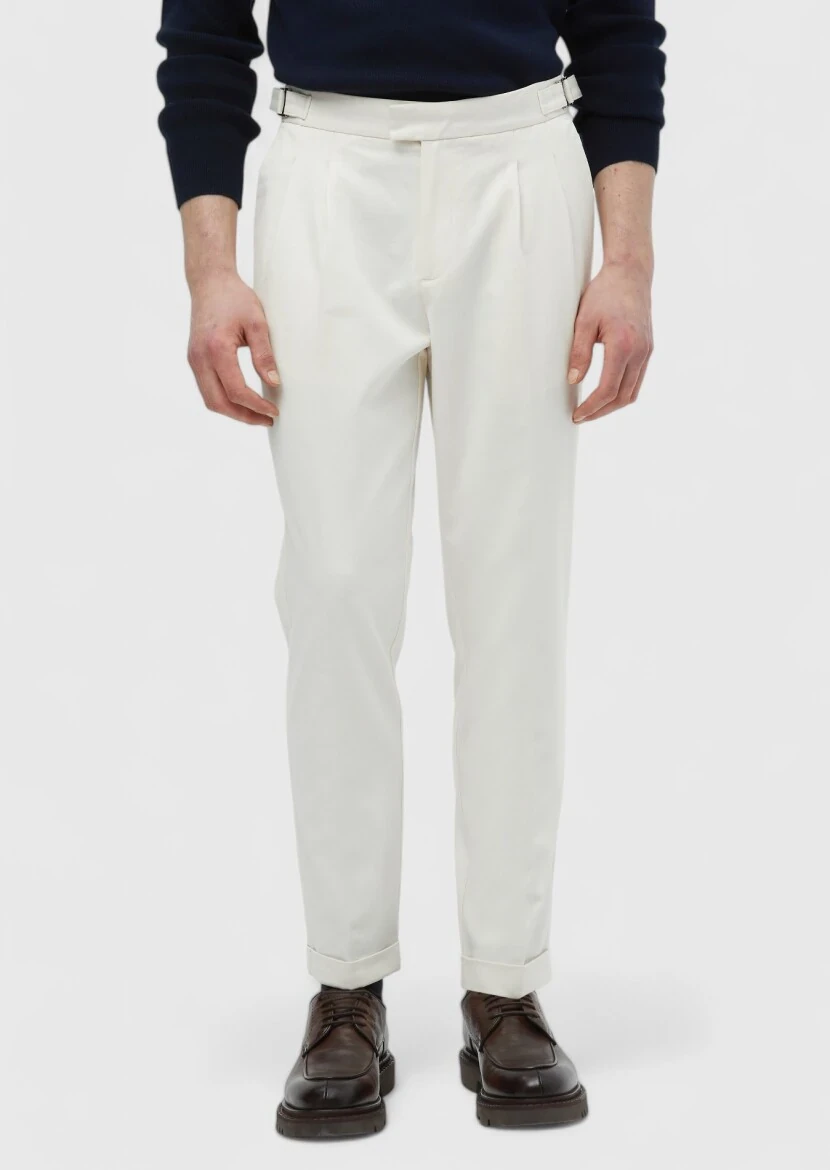 Ekru Düz Dokuma Carrot Fit Casual Pamuk Karışımlı Pantolon - RAMSEY