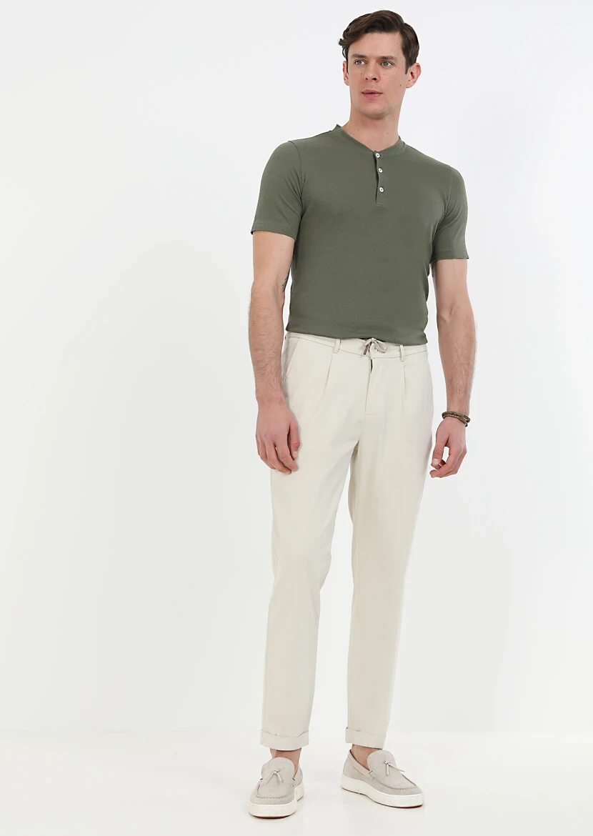 Ekru Düz Dokuma Jogging Fit Casual Pamuk Karışımlı Pantolon - 1