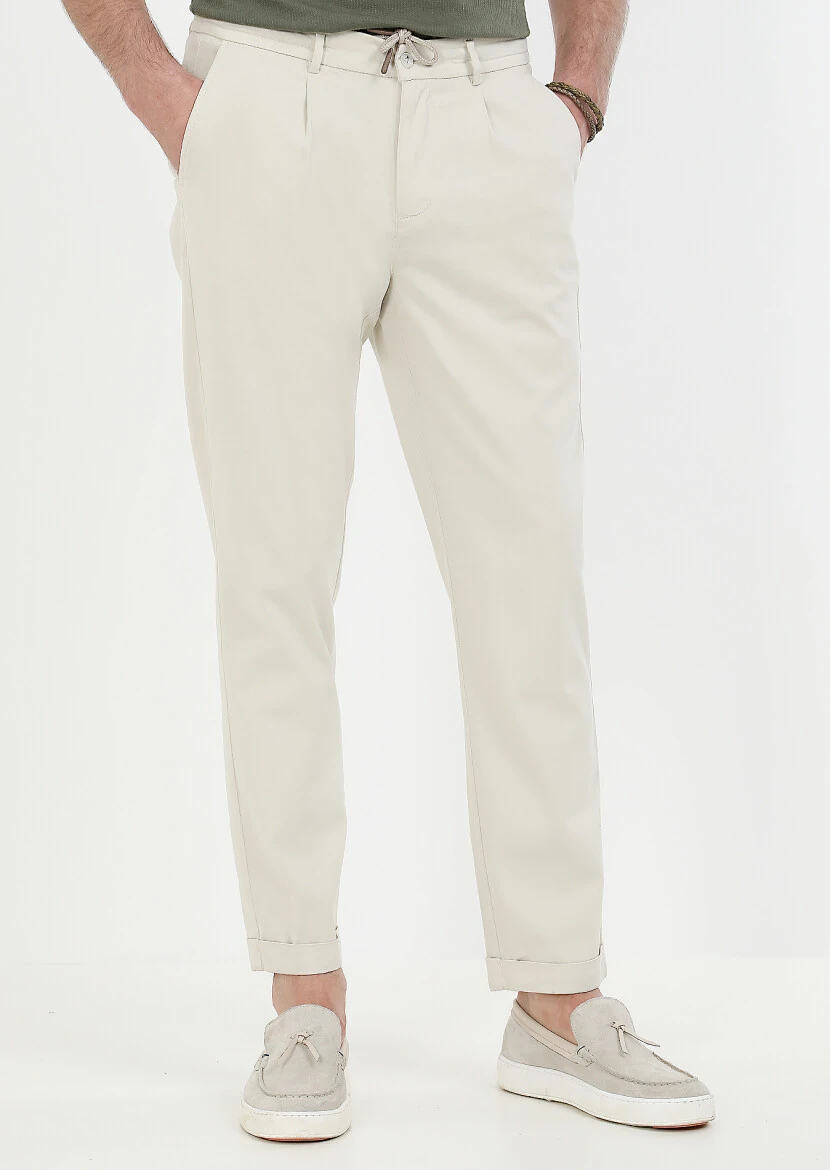 Ekru Düz Dokuma Jogging Fit Casual Pamuk Karışımlı Pantolon 