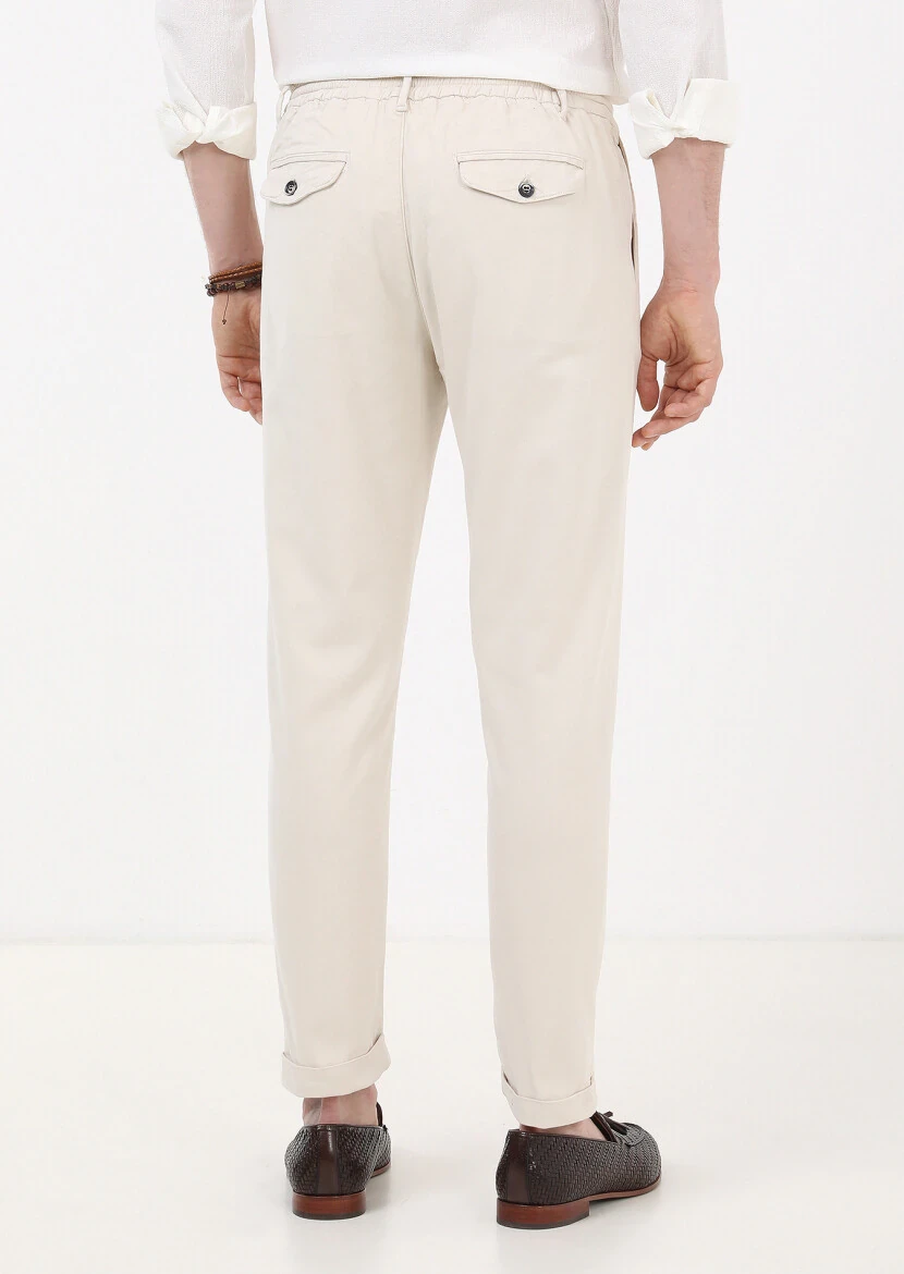 Ekru Düz Dokuma Jogging Fit Casual Pamuk Karışımlı Pantolon - 4