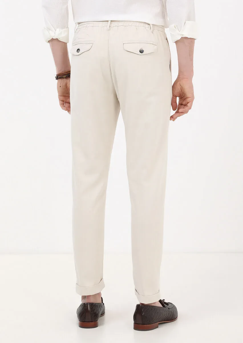 Ekru Düz Dokuma Jogging Fit Casual Pamuk Karışımlı Pantolon - 4