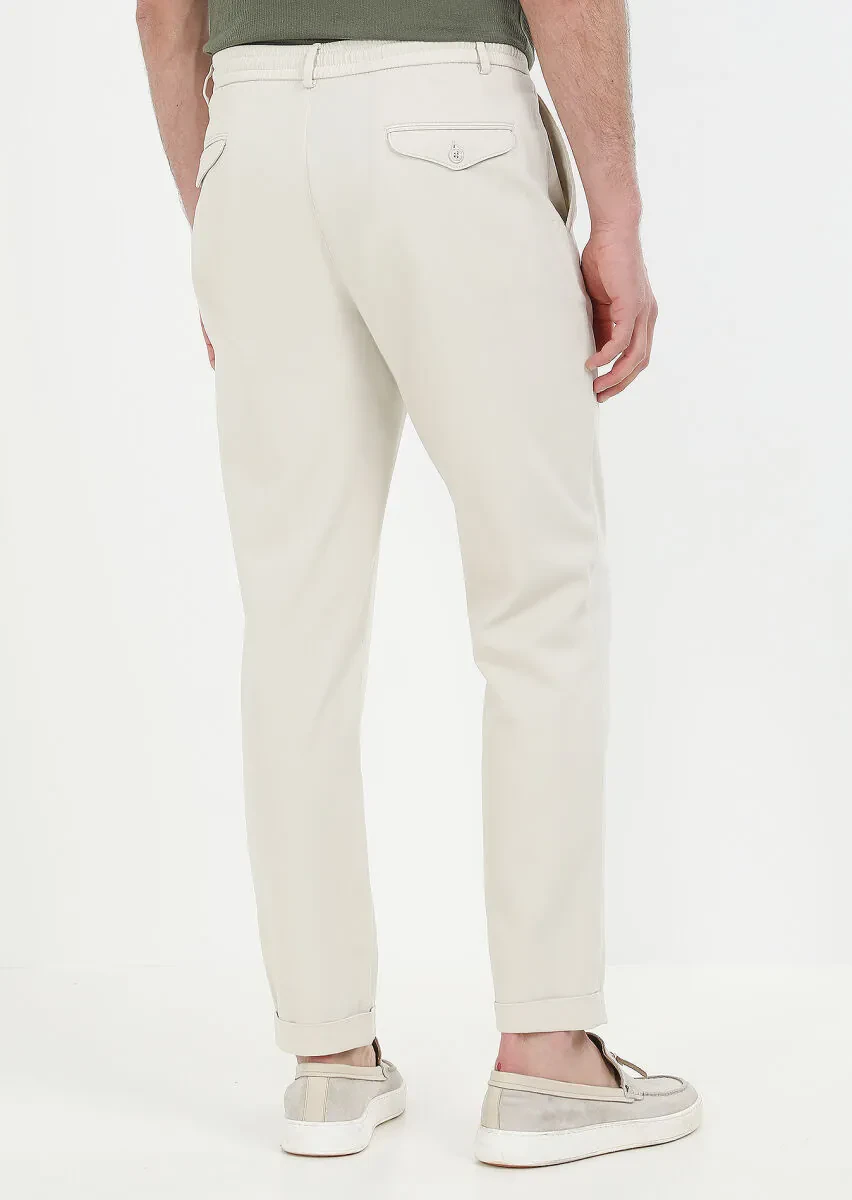 Ekru Düz Dokuma Jogging Fit Casual Pamuk Karışımlı Pantolon - 5