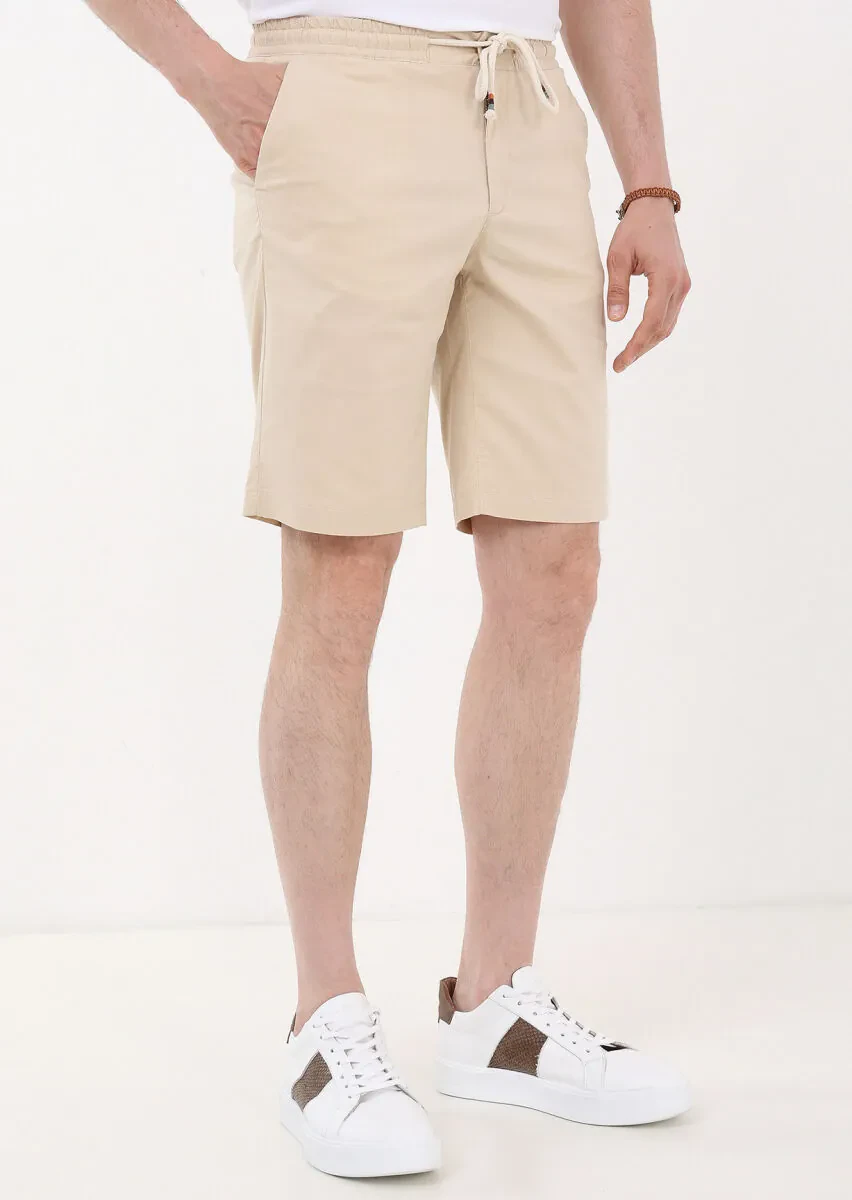 Ekru Düz Dokuma Regular Fit Casual Pamuk Karışımlı Bermuda - 3