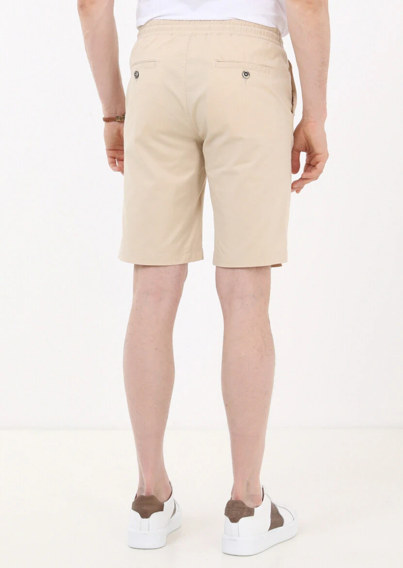 Ekru Düz Dokuma Regular Fit Casual Pamuk Karışımlı Bermuda - 4