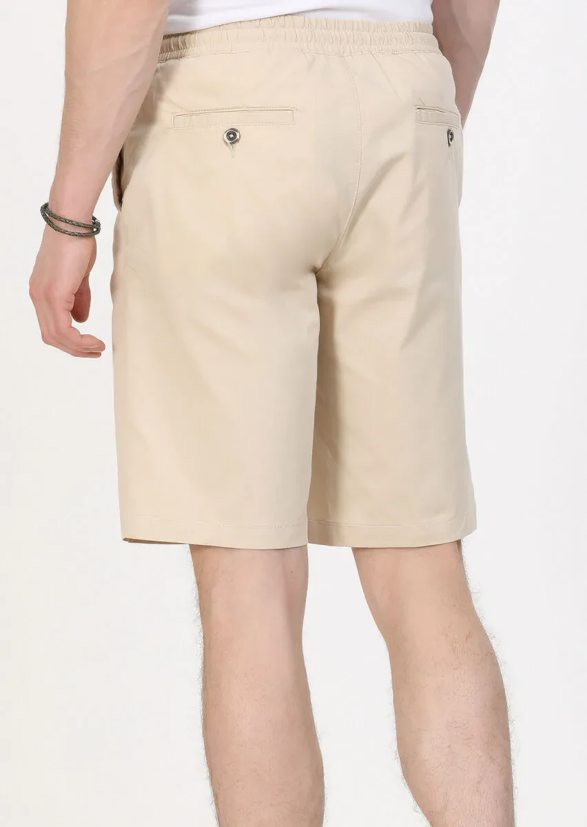 Ekru Düz Dokuma Regular Fit Casual Pamuk Karışımlı Bermuda - 5