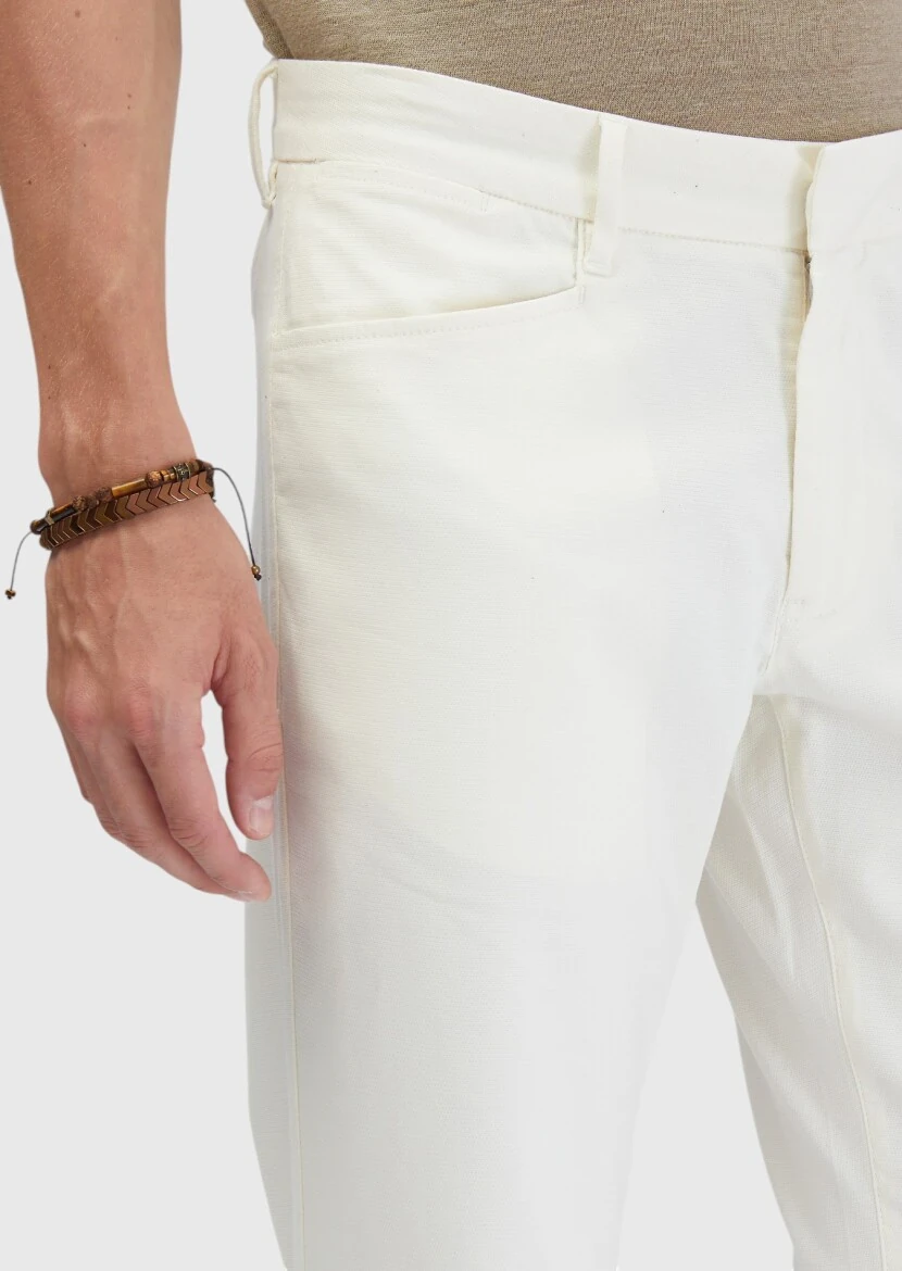 Ekru Düz Dokuma Regular Fit Casual Pamuk Karışımlı Pantolon - 3
