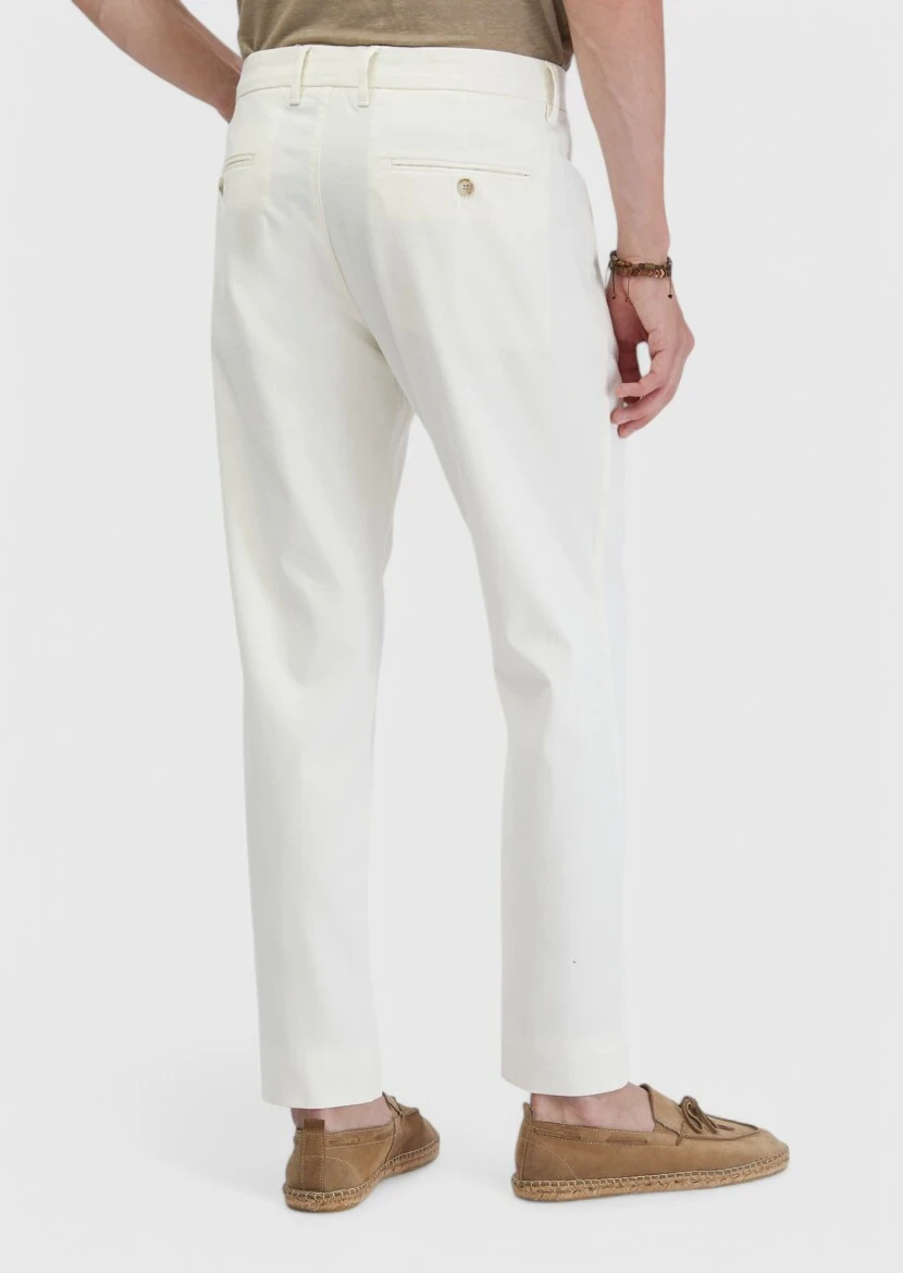 Ekru Düz Dokuma Regular Fit Casual Pamuk Karışımlı Pantolon - 4