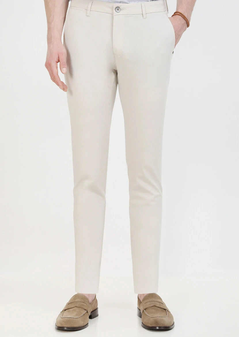 Ekru Düz Dokuma Regular Fit Casual Pantolon 