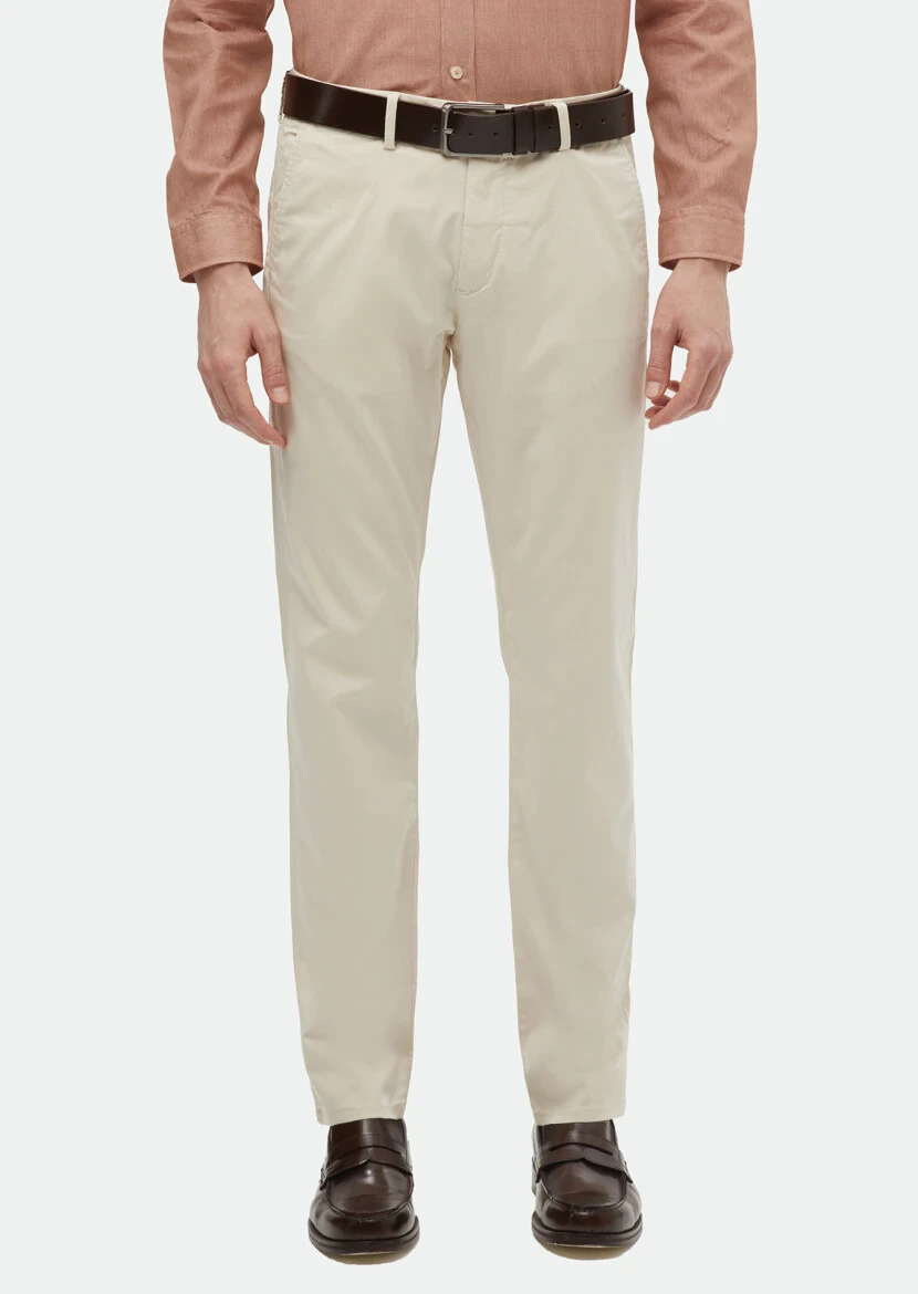 Ekru Düz Dokuma Regular Fit Casual Pantolon 
