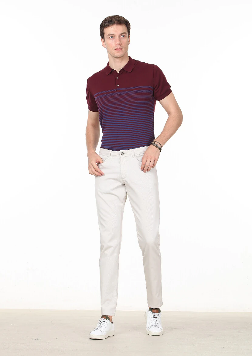 Ekru Düz Dokuma Slim Fit Casual %100 Pamuk Pantolon 