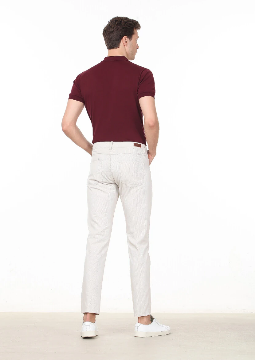 Ekru Düz Dokuma Slim Fit Casual %100 Pamuk Pantolon - 4