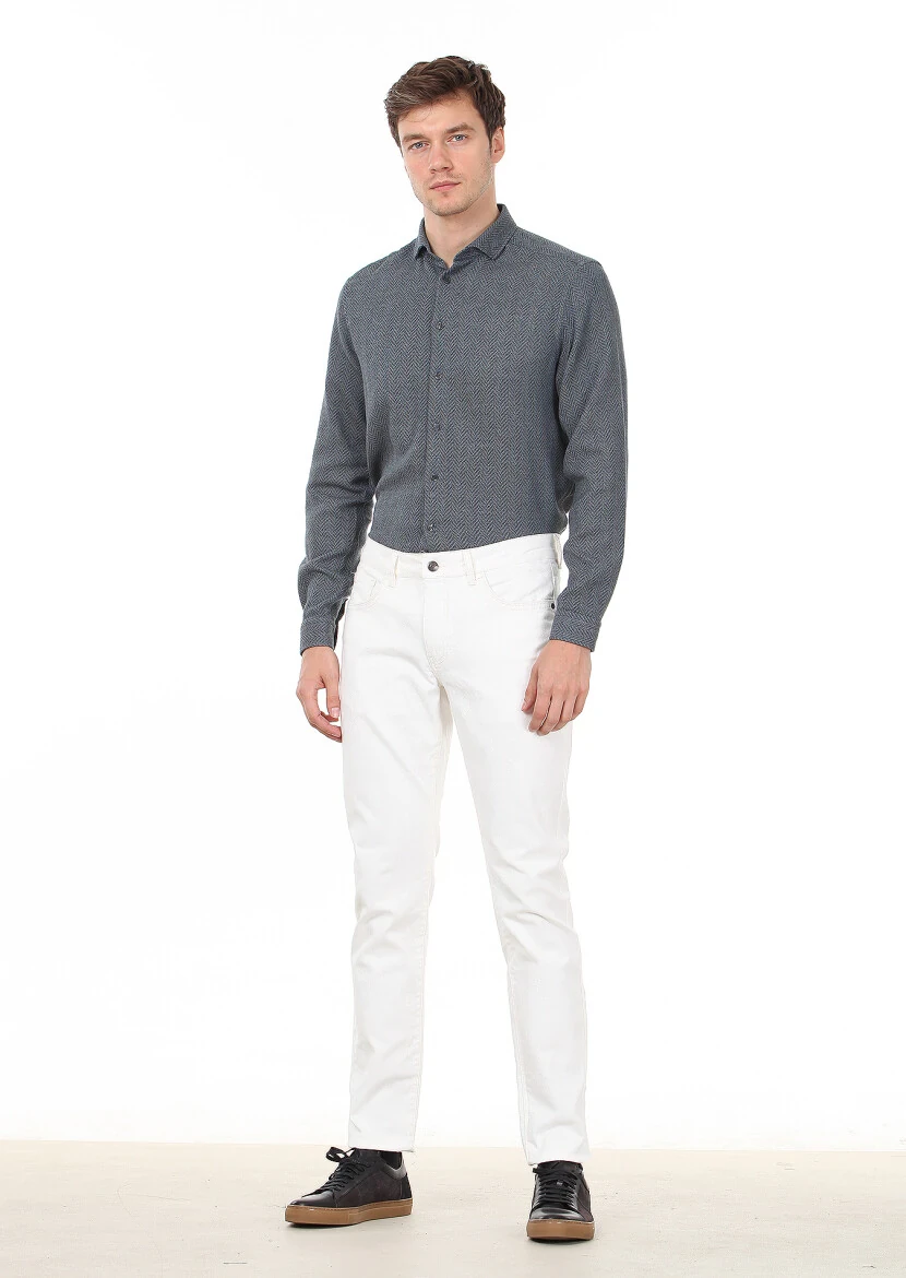 Ekru Düz Dokuma Slim Fit Casual Pamuk Karışımlı Pantolon - 1