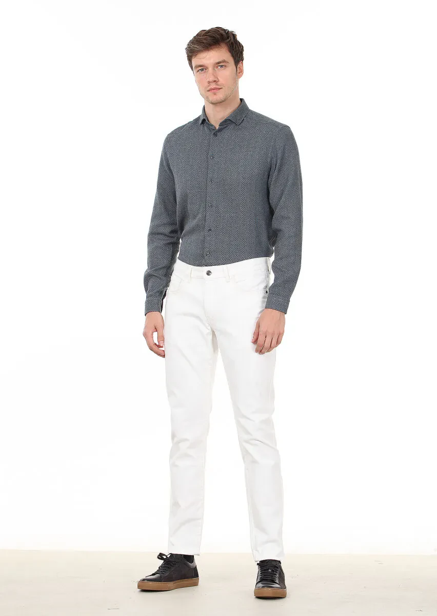 Ekru Düz Dokuma Slim Fit Casual Pamuk Karışımlı Pantolon - 1