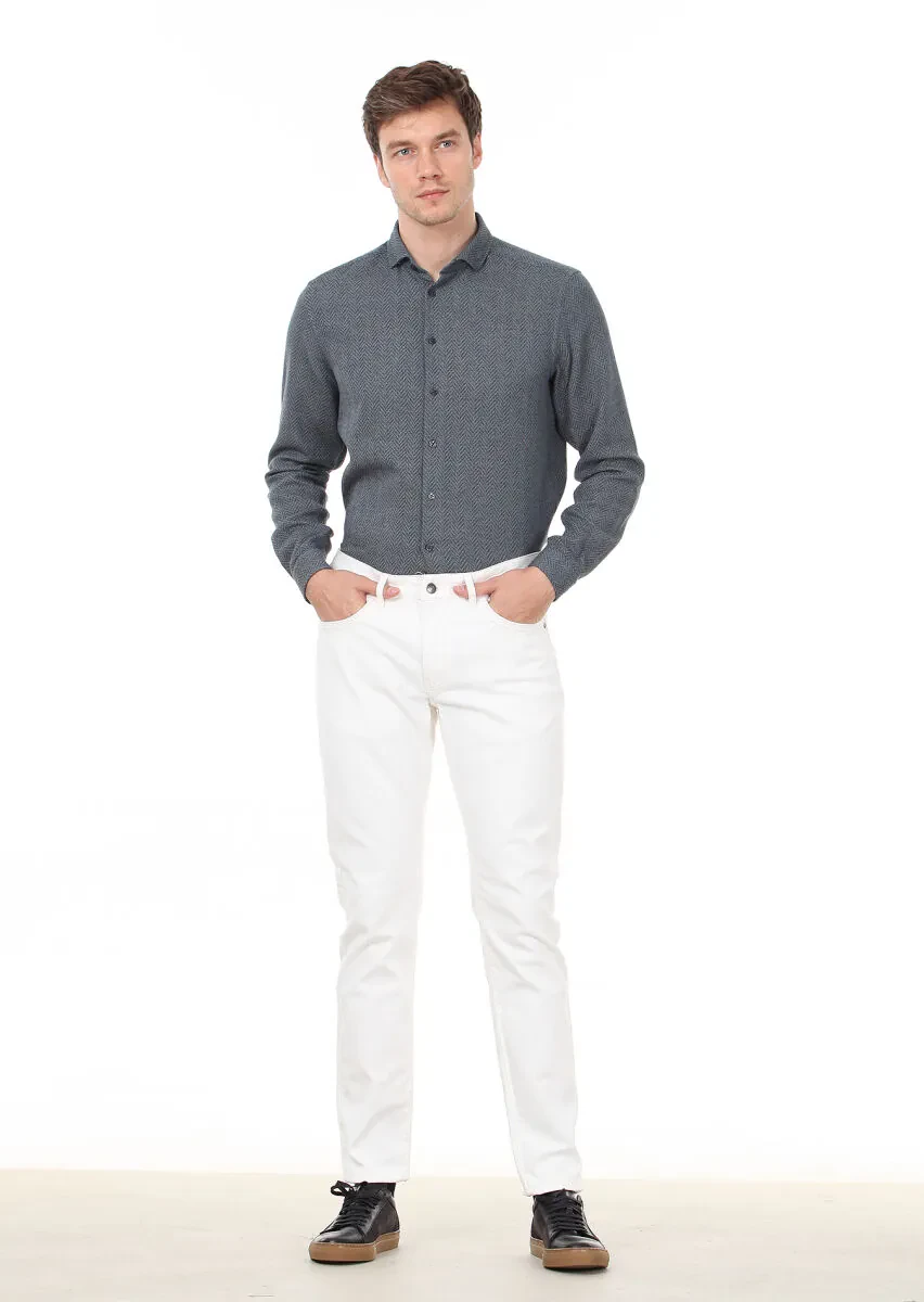 Ekru Düz Dokuma Slim Fit Casual Pamuk Karışımlı Pantolon - 3