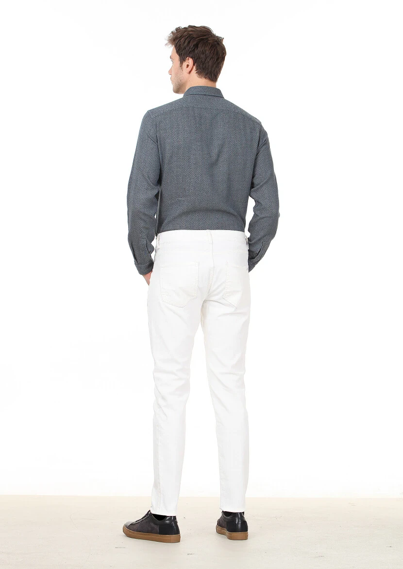 Ekru Düz Dokuma Slim Fit Casual Pamuk Karışımlı Pantolon - 4