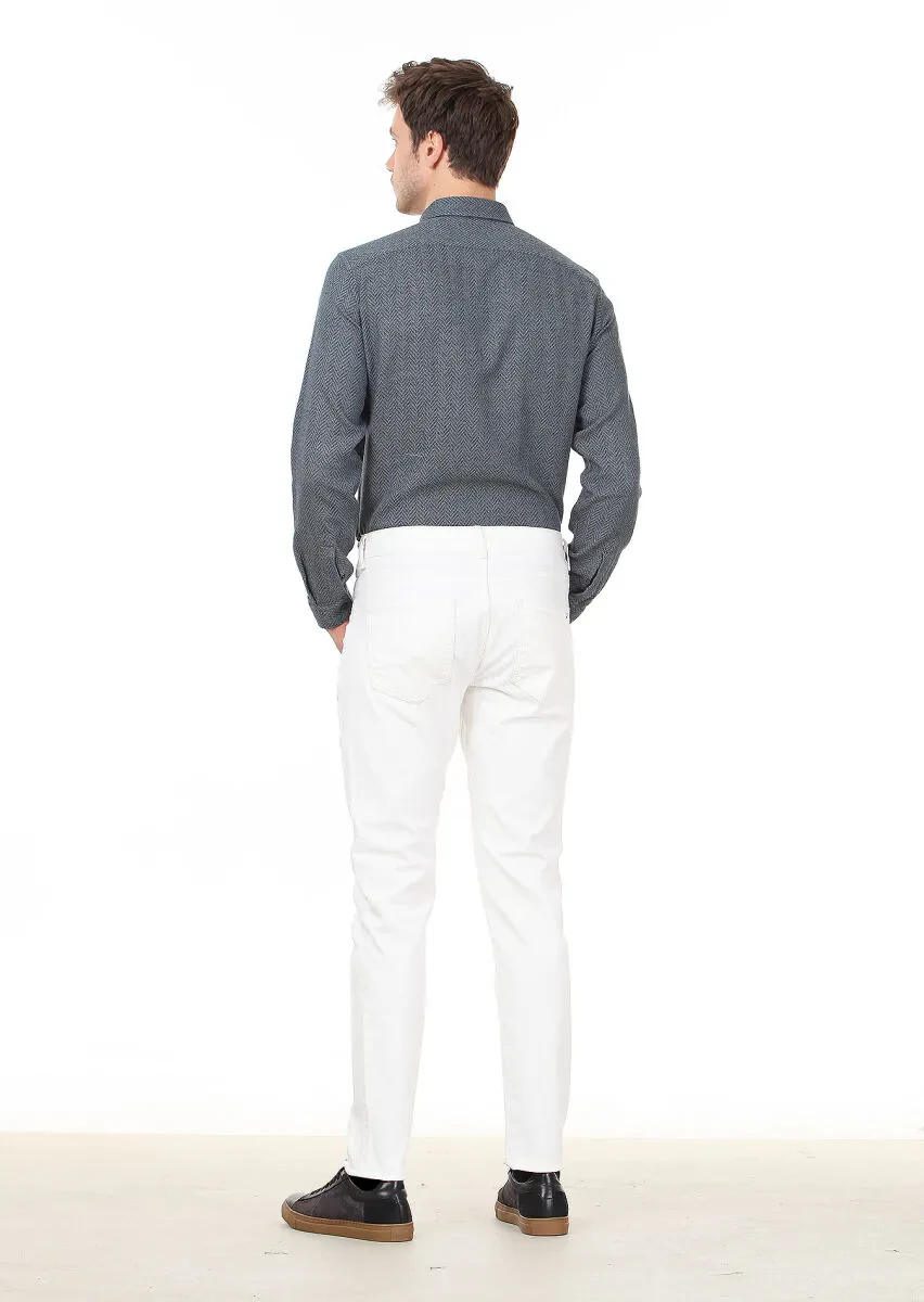 Ekru Düz Dokuma Slim Fit Casual Pamuk Karışımlı Pantolon - 4