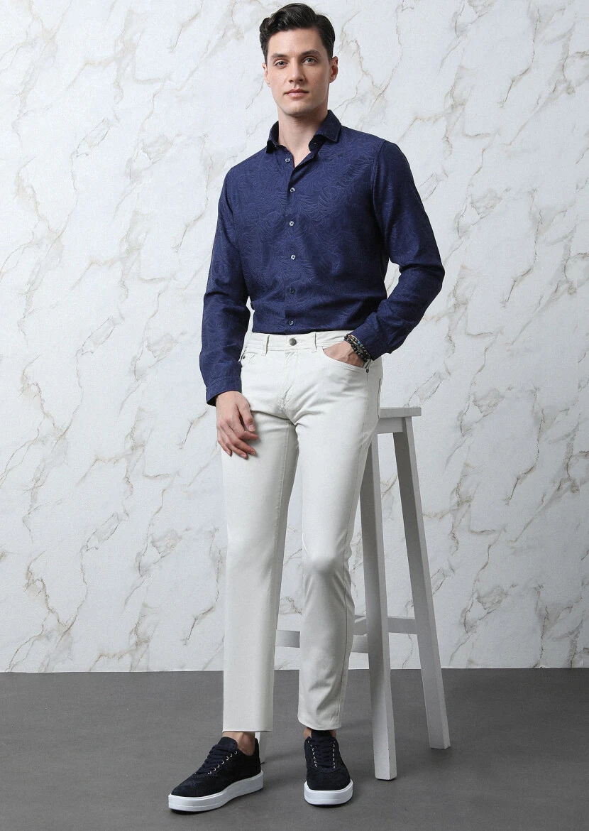 Ekru Düz Dokuma Slim Fit Casual Pamuk Karışımlı Pantolon - 1