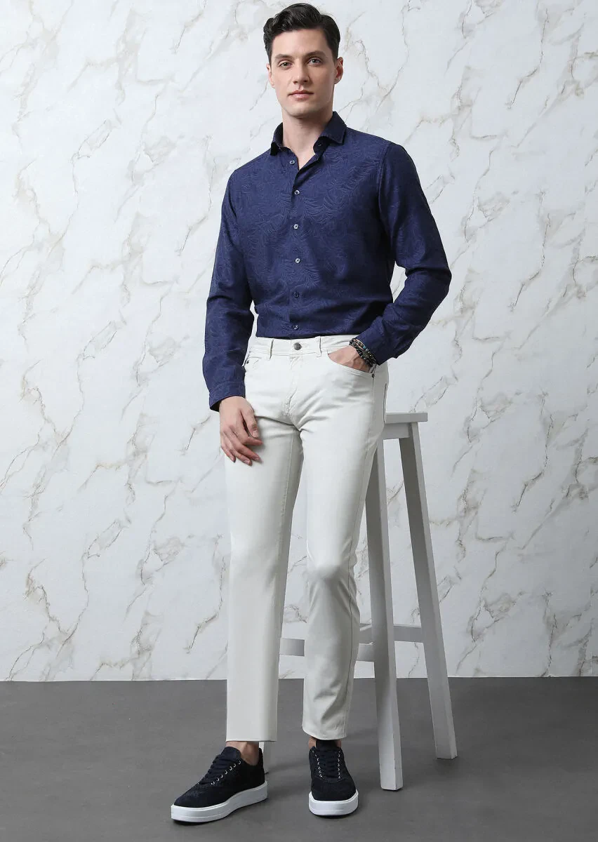 Ekru Düz Dokuma Slim Fit Casual Pamuk Karışımlı Pantolon - 1