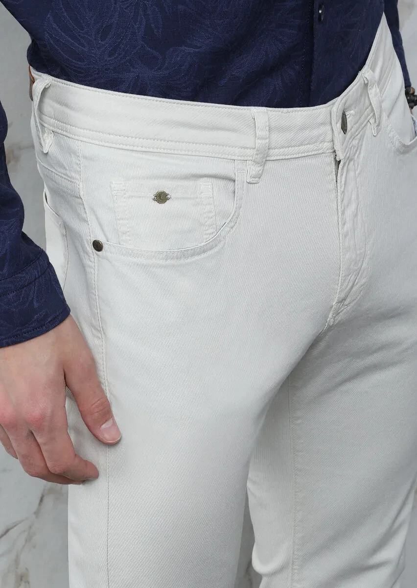 Ekru Düz Dokuma Slim Fit Casual Pamuk Karışımlı Pantolon - 2