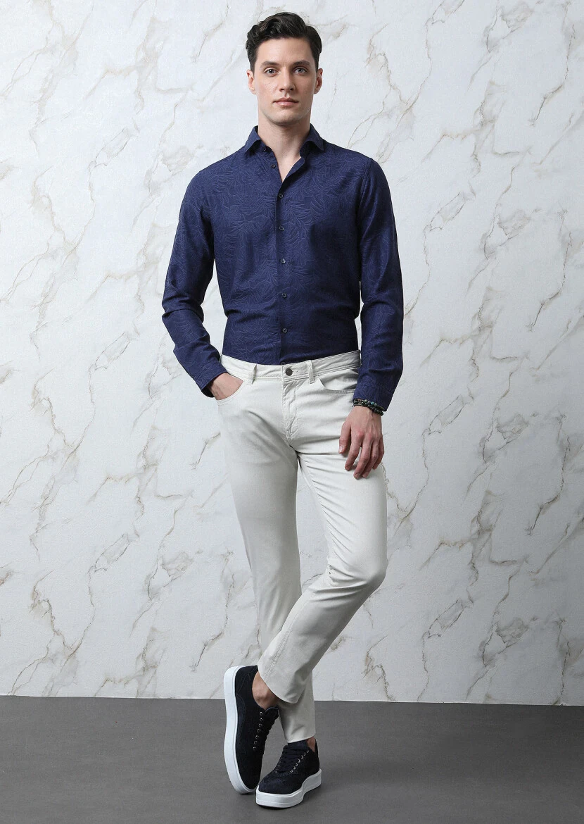 Ekru Düz Dokuma Slim Fit Casual Pamuk Karışımlı Pantolon - 3