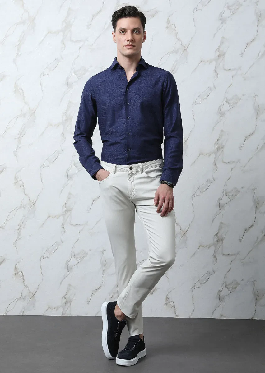 Ekru Düz Dokuma Slim Fit Casual Pamuk Karışımlı Pantolon - 3