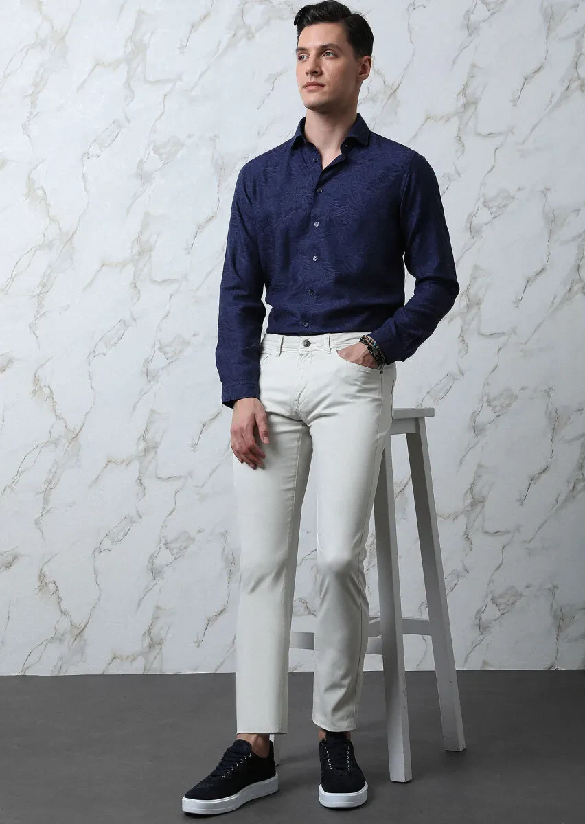 Ekru Düz Dokuma Slim Fit Casual Pamuk Karışımlı Pantolon - 4