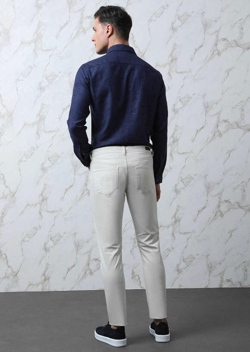 Ekru Düz Dokuma Slim Fit Casual Pamuk Karışımlı Pantolon - 5