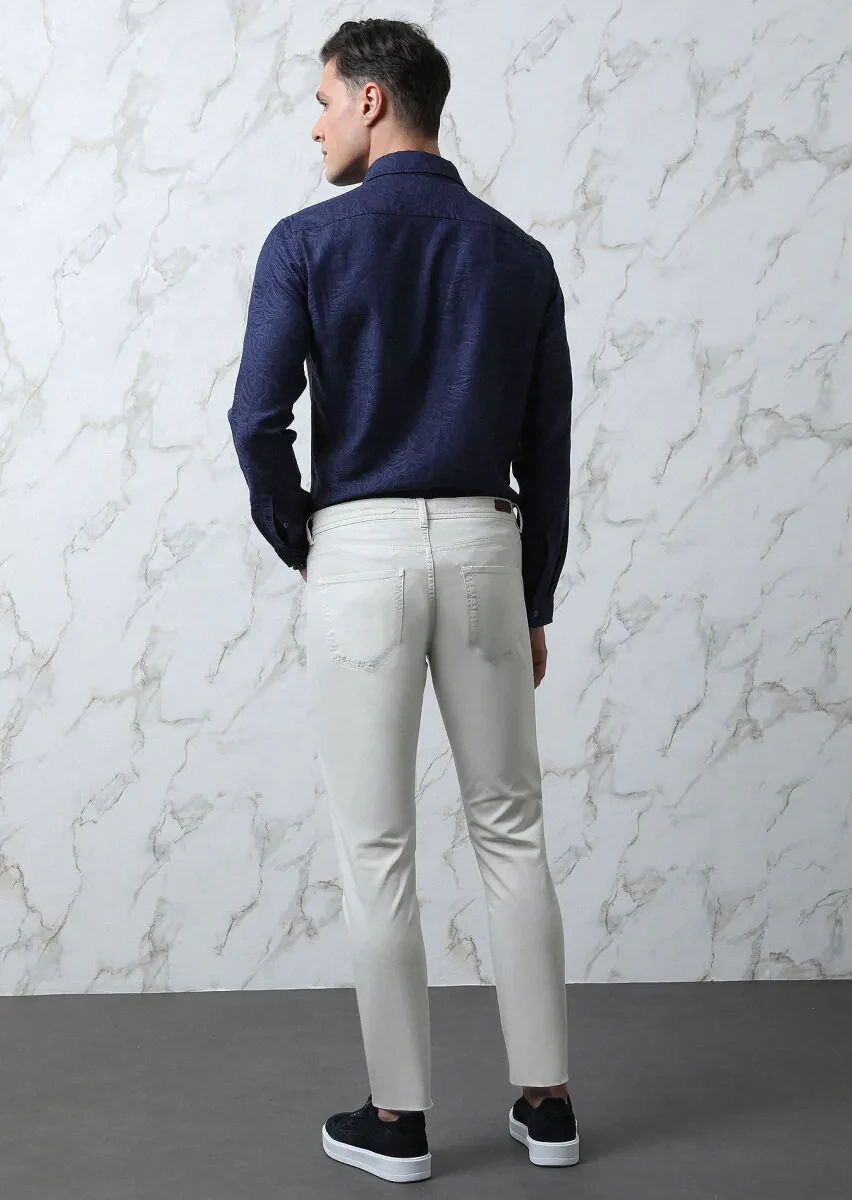 Ekru Düz Dokuma Slim Fit Casual Pamuk Karışımlı Pantolon - 5