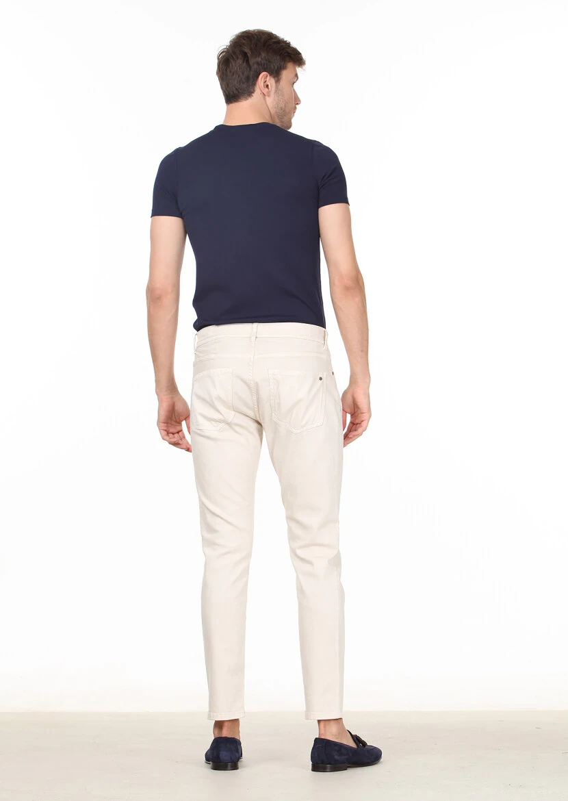 Ekru Düz Dokuma Slim Fit Casual Pamuk Karışımlı Pantolon - 4