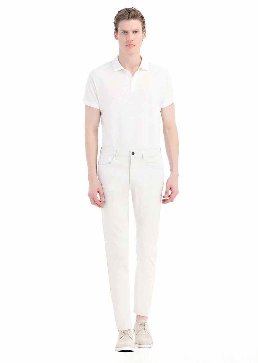 Ekru Düz Dokuma Slim Fit Casual Pamuk Karışımlı Pantolon - 1