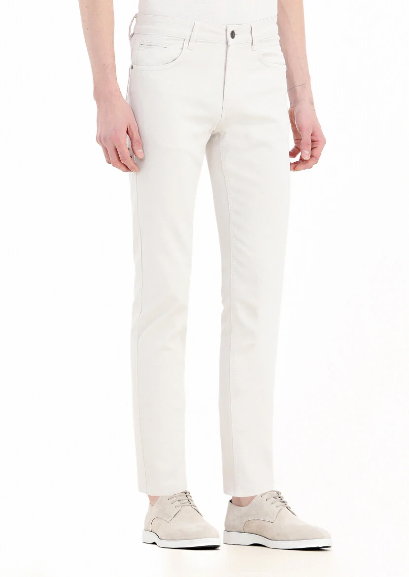 Ekru Düz Dokuma Slim Fit Casual Pamuk Karışımlı Pantolon 
