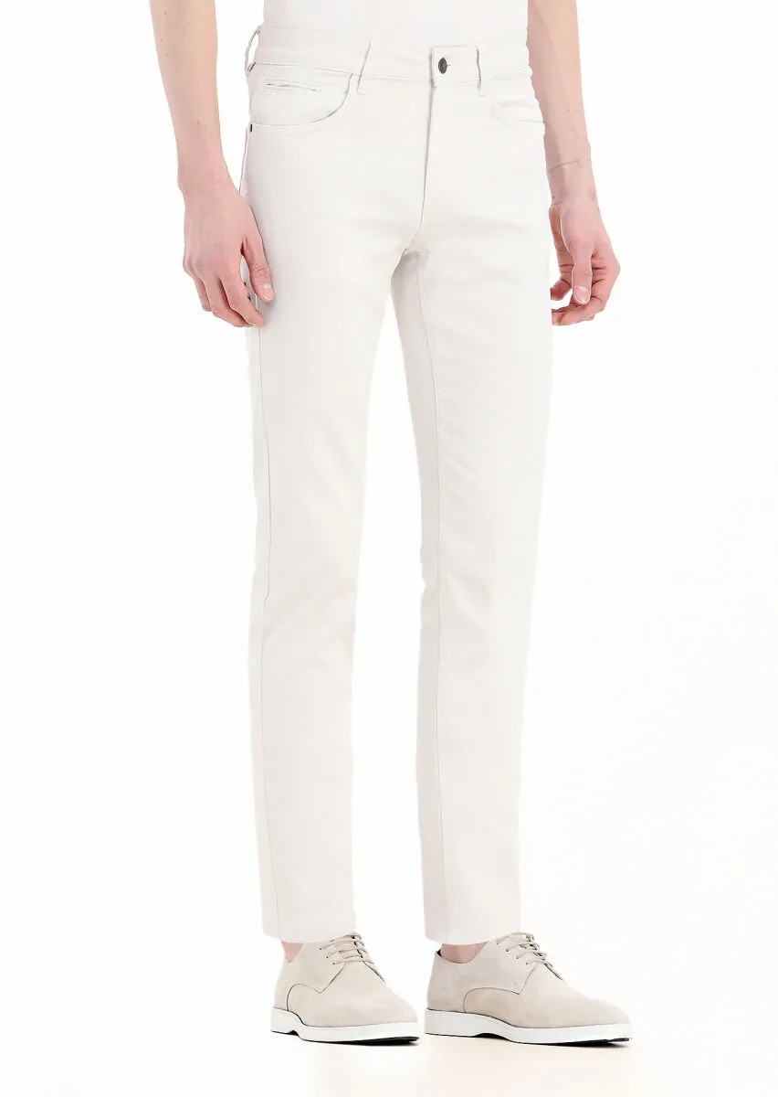 Ekru Düz Dokuma Slim Fit Casual Pamuk Karışımlı Pantolon - 2