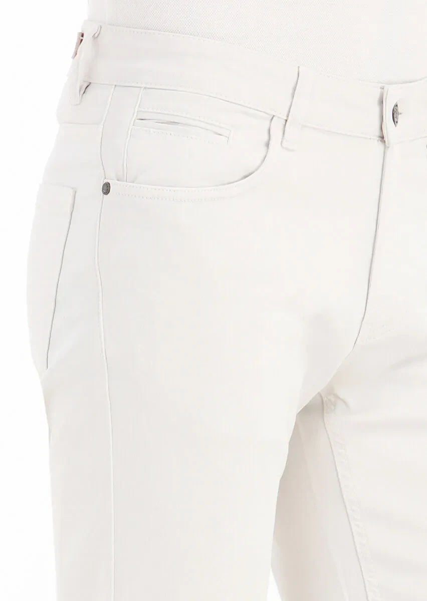 Ekru Düz Dokuma Slim Fit Casual Pamuk Karışımlı Pantolon - 3