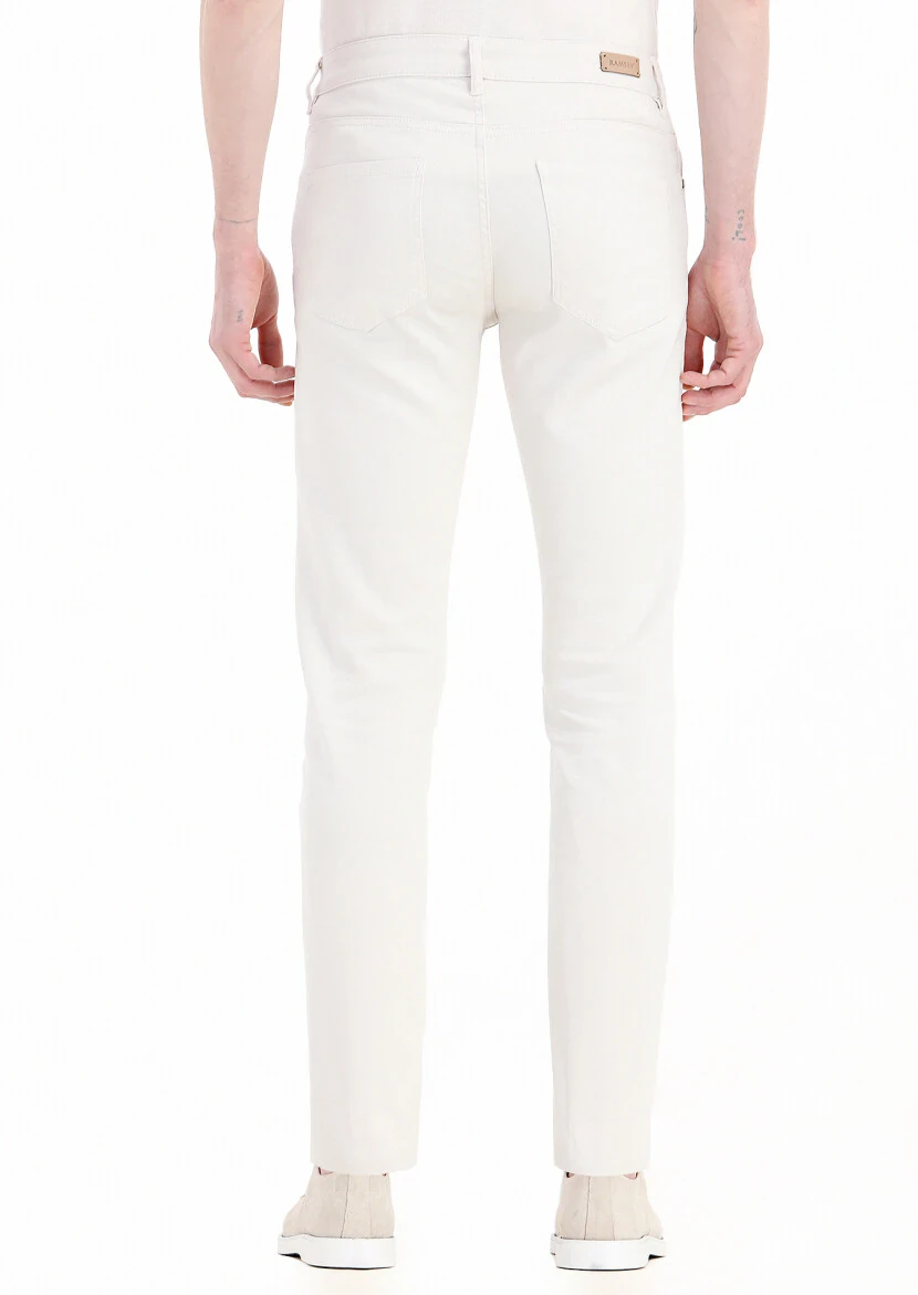 Ekru Düz Dokuma Slim Fit Casual Pamuk Karışımlı Pantolon - 4