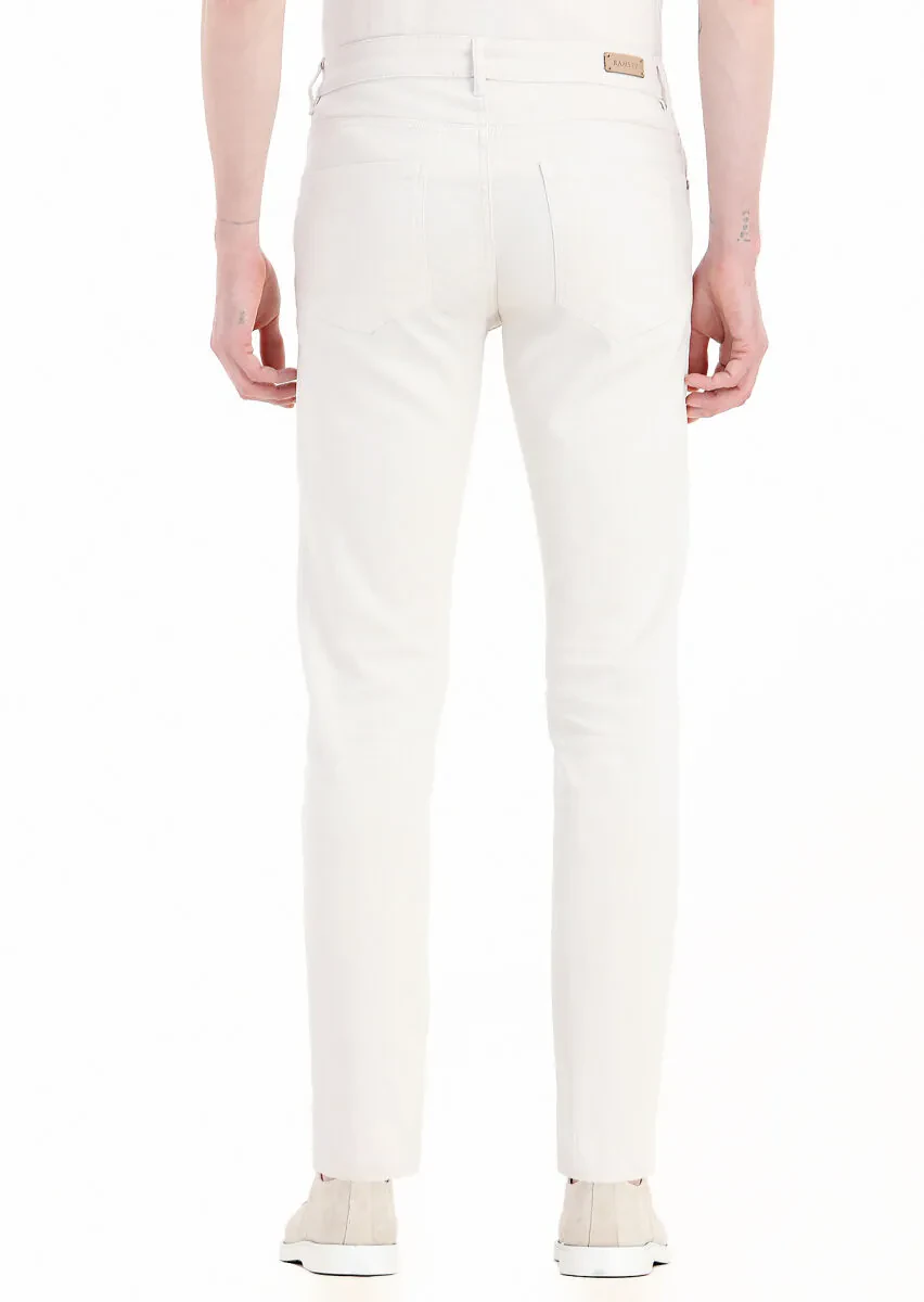 Ekru Düz Dokuma Slim Fit Casual Pamuk Karışımlı Pantolon - 4