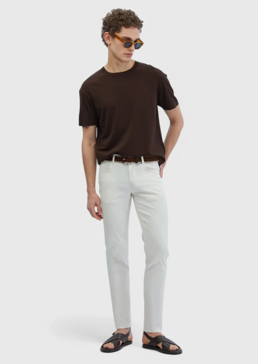 Ekru Düz Dokuma Slim Fit Casual Pamuk Karışımlı Pantolon - RAMSEY