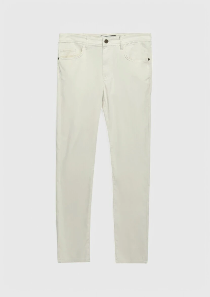 Ekru Düz Dokuma Slim Fit Casual Pamuk Karışımlı Pantolon - 6