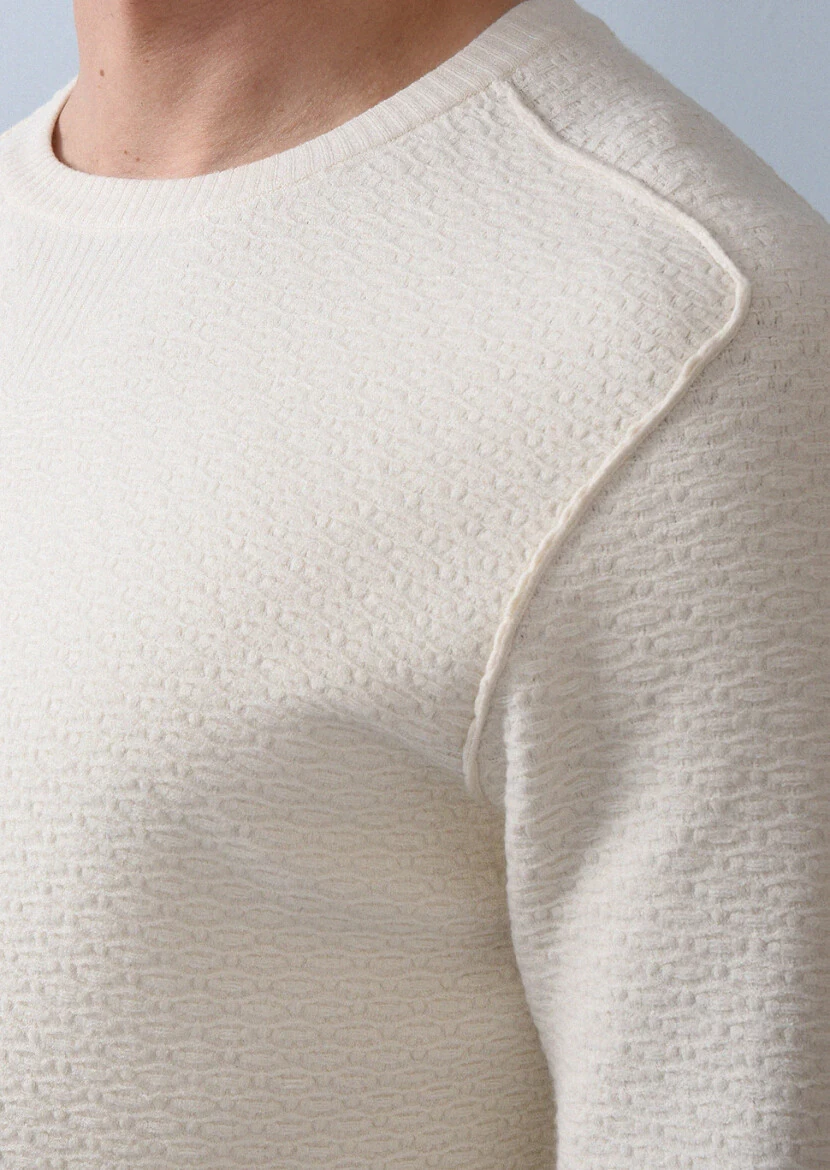 Ekru Düz Örgü Triko Kazak - 3