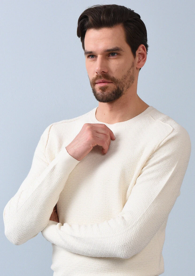 Ekru Düz Örgü Triko Kazak - 4