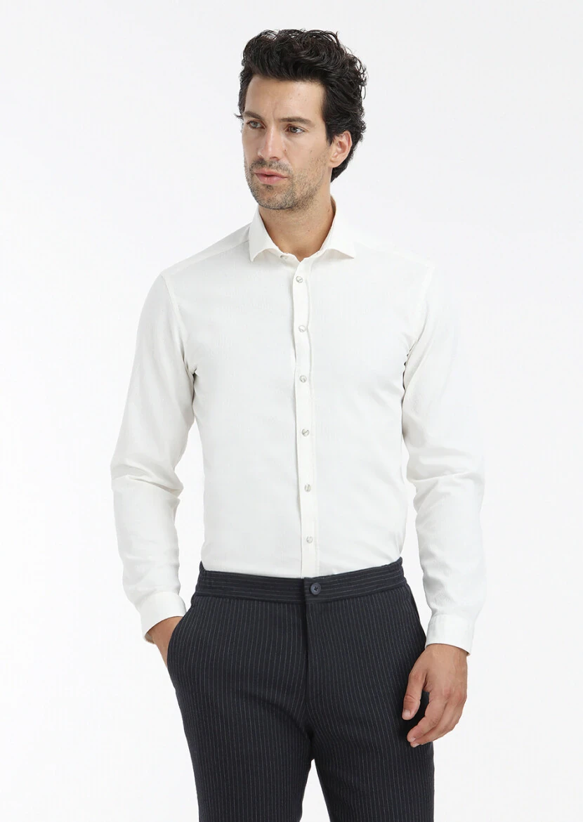 Ekru Düz Regular Fit Dokuma Casual Pamuk Karışımlı Gömlek - 2