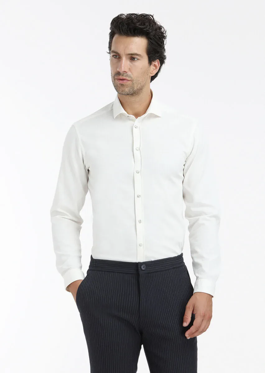 Ekru Düz Regular Fit Dokuma Casual Pamuk Karışımlı Gömlek - 2