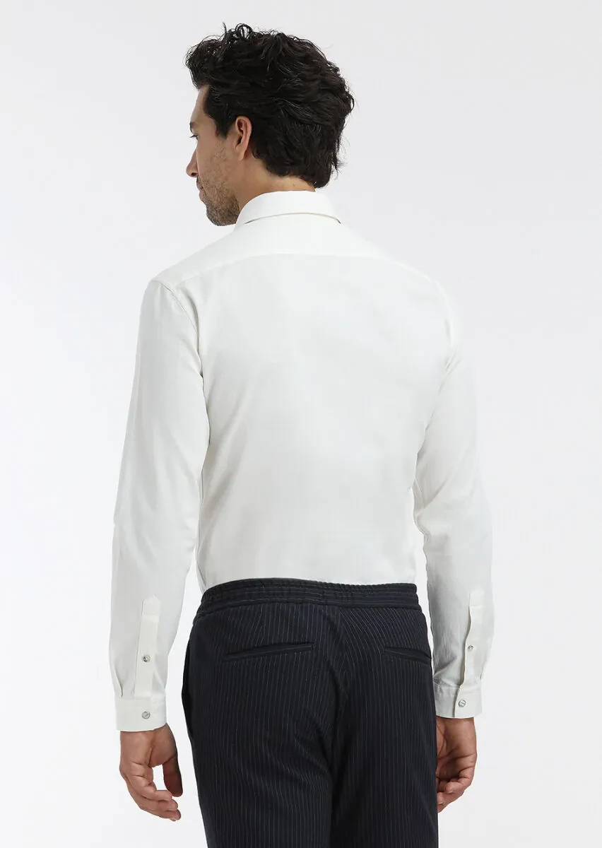 Ekru Düz Regular Fit Dokuma Casual Pamuk Karışımlı Gömlek - 5