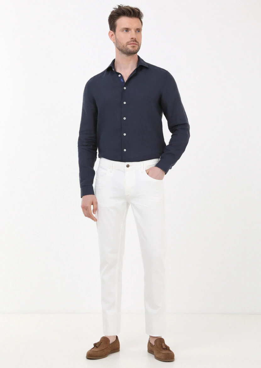 Ekru Düz Slim Fit Denim Pamuk Karışımlı Pantolon 