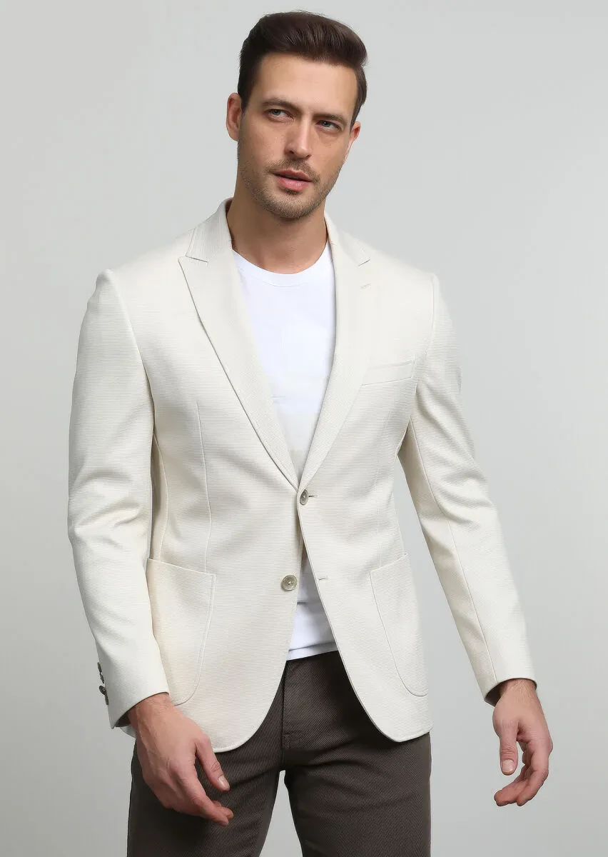 Ekru Düz Zeroweight Slim Fit %100 Pamuk Örme Ceket - 3