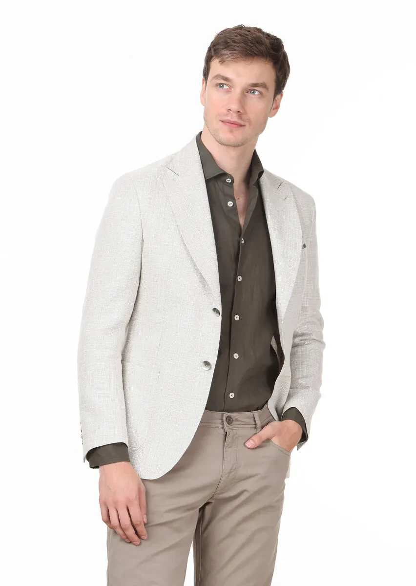 Ekru Düz Zeroweight Slim Fit Pamuk Karışımlı Ceket - 1